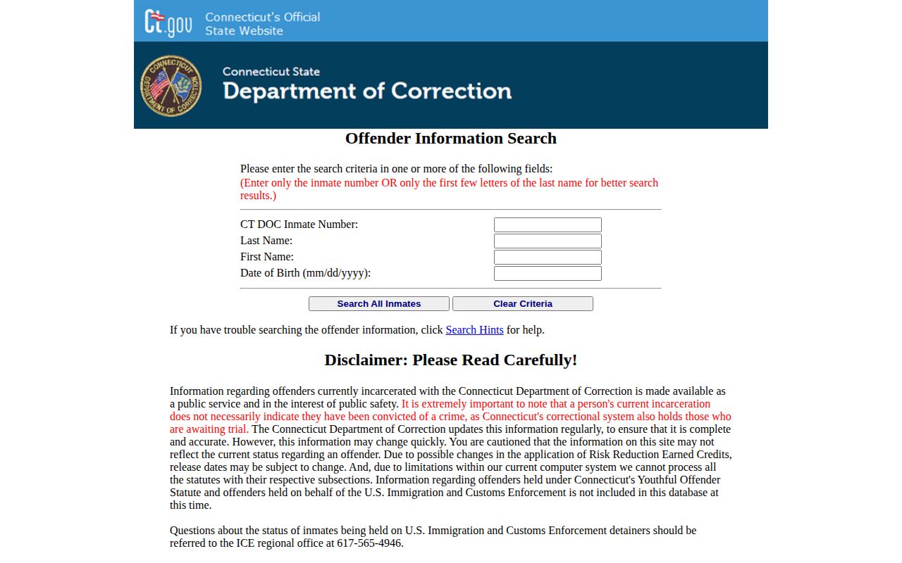 Milford CT DOC inmate and booking-photo search form